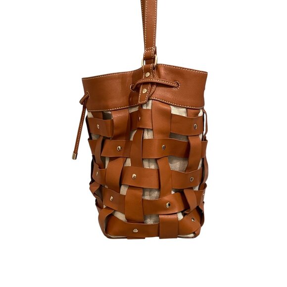 J.McLaughlin Brown Leather & Canvas Lattice Woven Bucket Bag - Picture 5 of 16